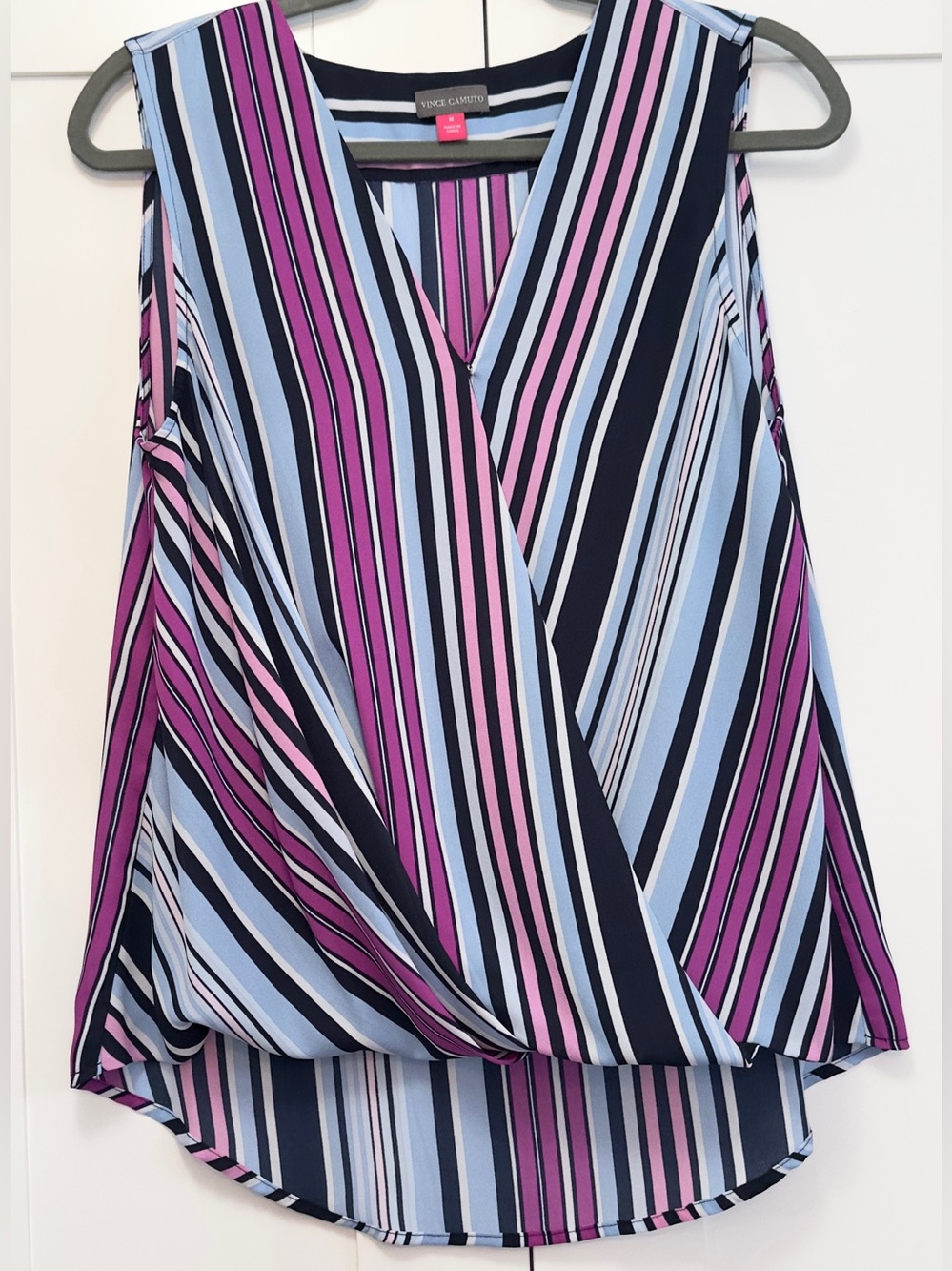 Vince Camuto Navy, Light Blue & Pink Striped Sleeveless Wrap Blouse Sz MED